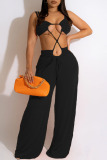 Orange Sexy Solid Hollowed Out Patchwork Spaghetti Strap Straight Jumpsuits