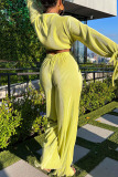 Yellow Sexy Solid Bandage Patchwork V Neck Long Sleeve Two Pieces
