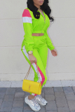Fluorescent green Sexy Fashion Cap Sleeve Long Sleeves O neck Print Patchwork Two Pieces
