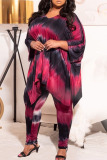 Rose Red Casual Print Tie Dye Patchwork Asymmetrical V Neck Plus Size Two Pieces