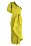 Yellow Celebrities Elegant Solid Patchwork Flounce Asymmetrical Oblique Collar Evening Dress Dresses