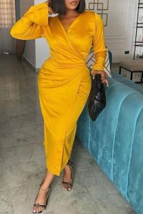 Golden Yellow Fashion Casual Solid Patchwork V Neck Long Sleeve Dresses