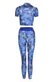 Blue Fashion Casual Print Patchwork See-through O Neck Short Sleeve Two Pieces