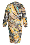 Yellow Fashion Casual Print Patchwork V Neck Long Sleeve Plus Size Dresses