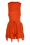 Orange Fashion Casual Solid Tassel Patchwork O Neck Sleeveless Two Pieces