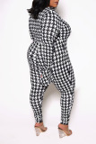 Black Casual Plaid Print Patchwork Zipper V Neck Plus Size Jumpsuits