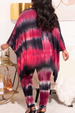 Rose Red Casual Print Tie Dye Patchwork Asymmetrical V Neck Plus Size Two Pieces
