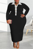 Pink Fashion Casual Solid Patchwork Turndown Collar Long Sleeve Plus Size Dresses