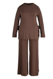 Brown Casual Solid Bandage Patchwork Slit Half A Turtleneck Plus Size Two Pieces