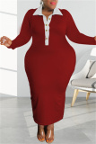 Burgundy Fashion Casual Solid Patchwork Turndown Collar Long Sleeve Plus Size Dresses