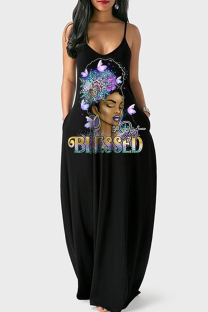 Black Purple Sexy Casual Print Backless Spaghetti Strap Long Dress