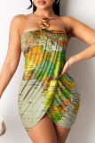 Multicolor Fashion Sexy Print Patchwork Backless Strapless Sleeveless Dress