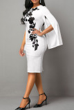 White Casual Elegant Print Patchwork O Neck One Step Skirt Dresses
