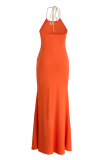 Orange Red Fashion Sexy Solid Backless Halter Long Dress