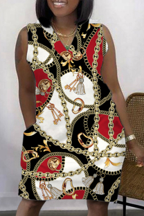 Black Gold Fashion Casual Print Patchwork V Neck Sleeveless Plus Size Dress