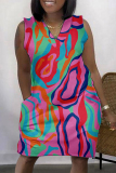 Orange Blue Fashion Casual Print Patchwork V Neck Sleeveless Plus Size Dress