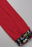 Red Fashion Sexy Patchwork Sequins See-through V Neck Skinny Jumpsuits