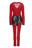Red Fashion Sexy Patchwork Sequins See-through V Neck Skinny Jumpsuits