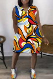 Red Yellow Fashion Casual Print Patchwork V Neck Sleeveless Plus Size Dress