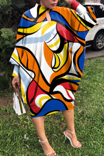 Orange Blue Fashion Casual Print Hollowed Out Half A Turtleneck Long Sleeve Dresses