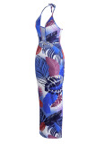 Blue Sexy Print Hollowed Out Patchwork Spaghetti Strap One Step Skirt Dresses