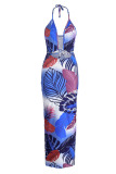 Blue Sexy Print Hollowed Out Patchwork Spaghetti Strap One Step Skirt Dresses