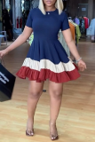 Navy Blue Casual Solid Patchwork O Neck Cake Skirt Dresses