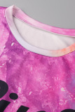 Purple Casual Print Patchwork O Neck Short Sleeve Two Pieces