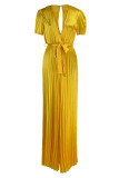 Yellow Sexy Solid Patchwork Fold V Neck Straight Jumpsuits
