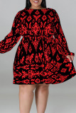 White Casual Print Bandage Patchwork O Neck Straight Plus Size Dresses