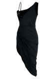 Black Sexy Print Solid Patchwork Fold Asymmetrical Asymmetrical Collar Dresses