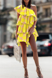 Orange Yellow Fashion Casual Print Patchwork Backless Oblique Collar Sleeveless Dress Dresses