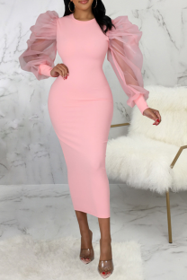 Pink Fashion Solid Mesh O Neck Pencil Skirt Dresses