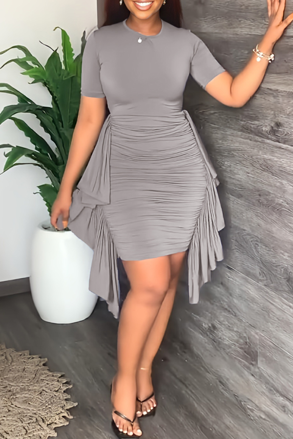 Grey Fashion Solid Flounce Fold O Neck Pencil Skirt Dresses