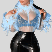 Blue Sexy Solid Patchwork See-through Feathers Turtleneck Tops