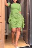 Green Fashion Solid Flounce Fold O Neck Pencil Skirt Dresses