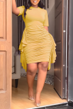 Yellow Fashion Solid Flounce Fold O Neck Pencil Skirt Dresses