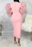 Pink Fashion Solid Mesh O Neck Pencil Skirt Dresses