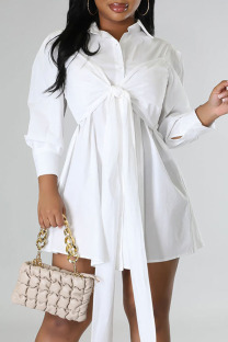 White Casual Solid Bandage Patchwork Buckle Turndown Collar Shirt Dress Dresses