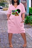 Pink Fashion Casual Print Patchwork V Neck Short Sleeve Dress