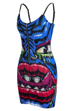 Multicolor Fashion Sexy Print Patchwork Backless Spaghetti Strap Sleeveless Dress