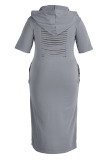 Silver Gray Casual Print Ripped Patchwork Hooded Collar Straight Plus Size Dresses