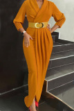 Yellow Elegant Solid Patchwork Fold With Belt V Neck Long Sleeve Plus Size Dresses