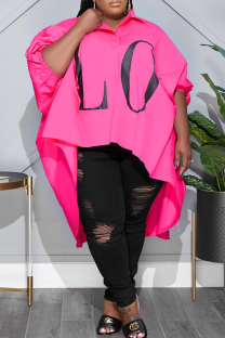 Pink Fashion Casual Letter Print Asymmetrical Turndown Collar Plus Size Tops