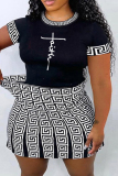 Black Brown Fashion Casual Letter Print Patchwork O Neck Plus Size Two Pieces