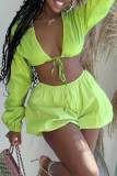 Light Green Sexy Solid Bandage Patchwork V Neck Long Sleeve Two Pieces
