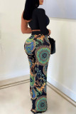 Black Fashion Casual Print Patchwork Backless Oblique Collar Long Sleeve Two Pieces