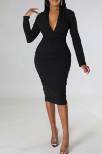 Black Sexy Solid Patchwork V Neck Pencil Skirt Dresses