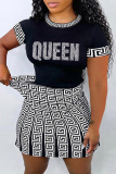 White Fashion Casual Letter Print Patchwork O Neck Plus Size Two Pieces