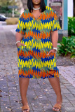Blue Yellow Fashion Casual Print Patchwork V Neck Short Sleeve Dress